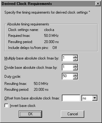 Derived Clock Requirments Dialog Box