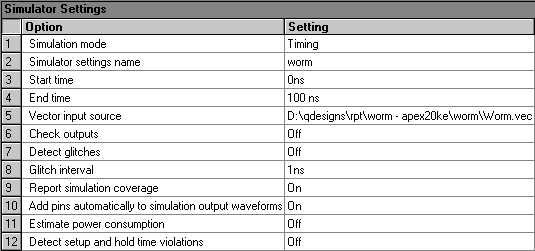 Simulator Settings Section (Compilation Report)