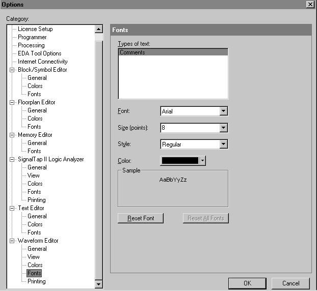 Waveform Editor Fonts Options tab