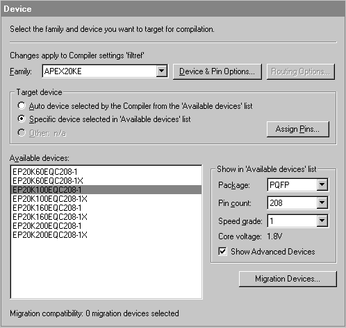 Chips & Devices Tab in the Compiler Settings Dialog Box